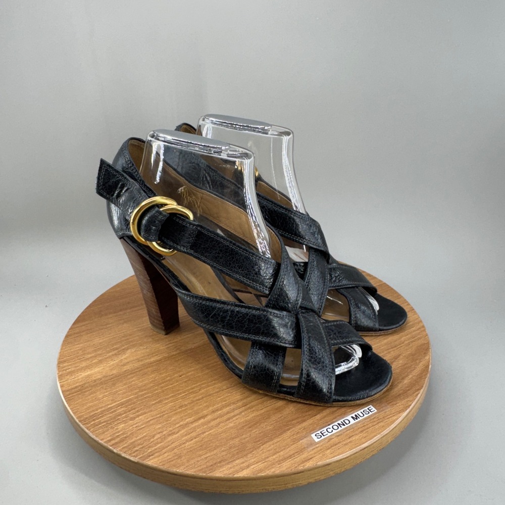 Chloe Strappy Leather Sandals 41 10.5 Black Wood Block Heel Designer Luxury